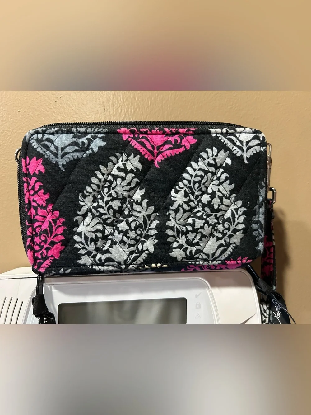 Floral Quilted Wristlet and matching Wallet in Black with Pink & Blue - NEW - Picture 3 of 12